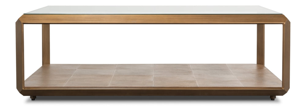 Sarreid Gilbert Shagreen Cocktail Table In Tawny Brown With Antique Brass Accents - Elegant And Chic Design Tan  54258-35