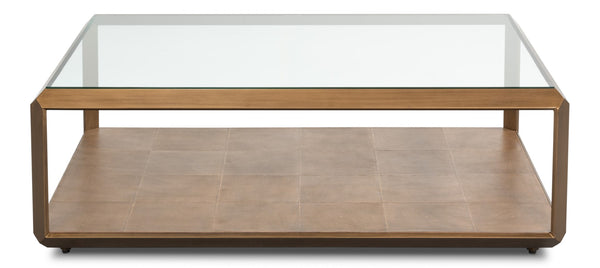 Sarreid Gilbert Shagreen Cocktail Table In Tawny Brown With Antique Brass Accents - Elegant And Chic Design Tan  54258-35