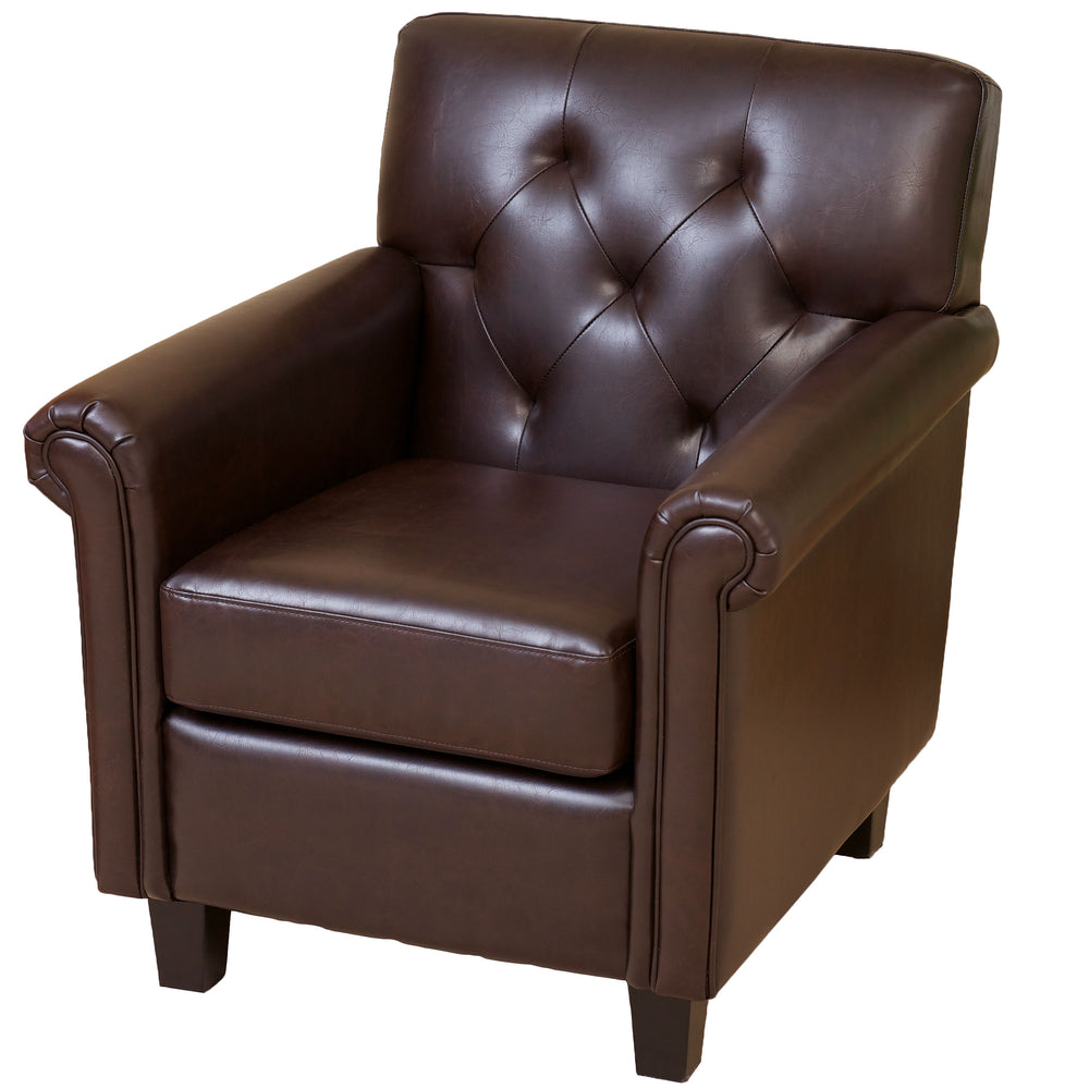 English Elm Christopher Knight Home® - VERONICA Tufted Club Chair in Brown PU Bonded Leather — Compact, Padded Backrest for Cozy Reading Nap Comfort 54258.00PU
