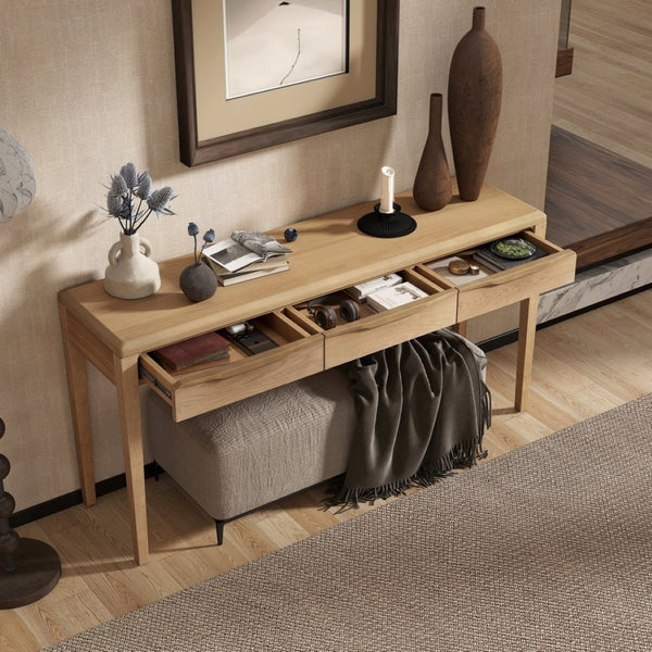 English Elm U_style Oak Veneer Console Table with Three Wave Drawers for Entryway or Foyer Natural N711P401926N