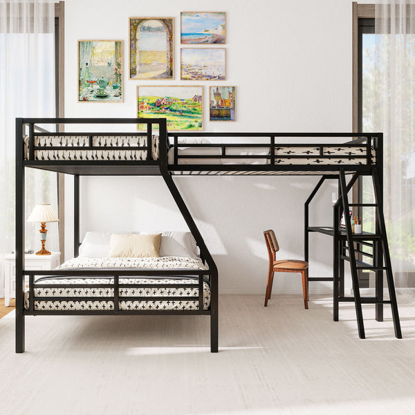 English Elm Twin Triple Bunk Bed with Loft, Desk & Shelf — Metal Black L-Shaped Sleep/Study Space, No Box SpringNeeded SM000606AAB