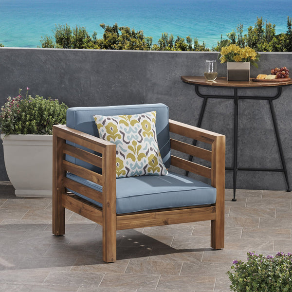 English Elm Christopher Knight Home® - OANA Outdoor Club Chair with Acacia Wood Frame, Removable Cushions, Slatted Design for Quick Drying Pecan+Blue 65546.00BLU