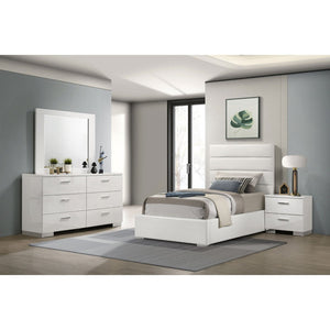 English Elm Dulcey Twin Bedroom Set High Gloss White Faux Leather Tufted Headboard Chrome Pulls B062S01518
