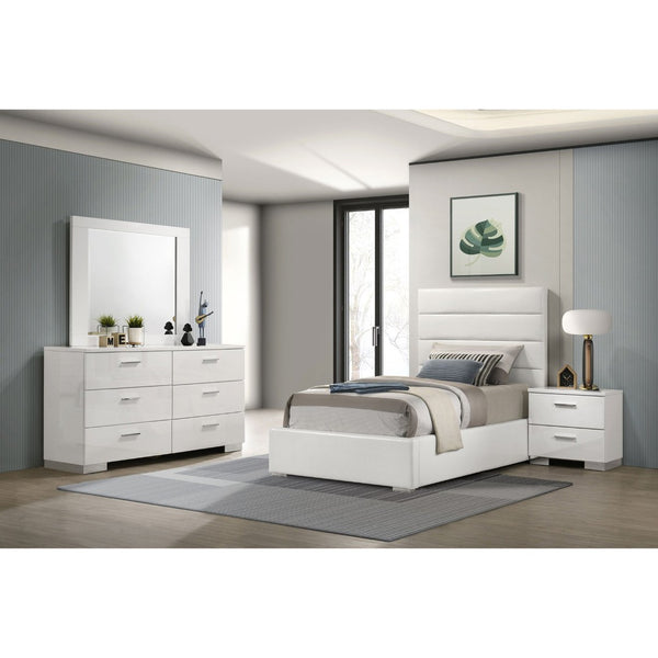 English Elm Dulcey Twin Bedroom Set High Gloss White Faux Leather Tufted Headboard Chrome Pulls B062S01518