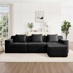 English Elm Modular 3-Seat L-Shape Sectional Couch - Plush Black Corduroy Sofa With Removable Pillows & Ottoman W3041S00325