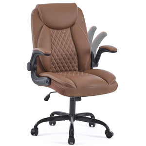 English Elm Leather Executive Desk Chair with Flip up Armrests Lumbar Support and Spring Cushion Brown T5339P459854