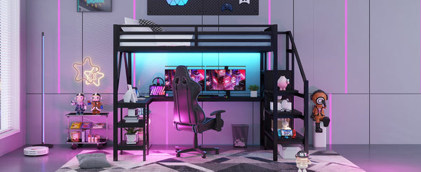 English Elm Metal Full Loft Bed with L Shaped Desk Wardrobe Rgb Lighting and Usb Charging Black W2593S00053