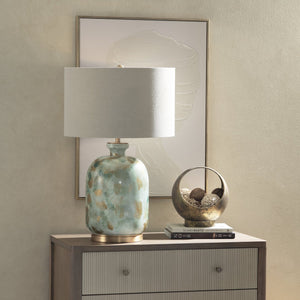 Crestview Collection 29"H Hand-painted Glass Table Lamp With Oatmeal Shade, Vibrant Green Accents & Elegant Design   Cvazbs121