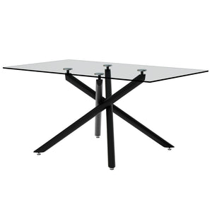 English Elm Large Tempered Glass Rectangular Dining Table Seats Six with Matte Black Metal Frame W1151S04538