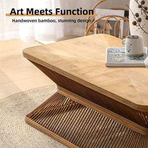 English Elm Mid-Century Rectangular Coffee Table 43.3" Antique Natural Bamboo & Solid Wood Woven Shelf Rustic Flair W3306P318518