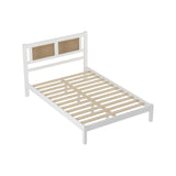 English Elm Full Size Wooden Platform Bed With Natural Rattan Headboard, Exquisite Elegance With Minimalist Charm For Bedroom, White