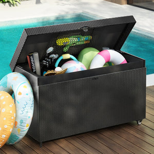 English Elm K&K 200 Gallon Wicker Deck Box with Lockable Lid, Hydraulic Pistons, Wheels, Weatherproof Storage Black N707P245457B