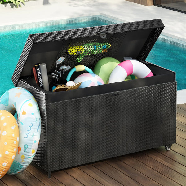 English Elm K&K 200 Gallon Wicker Deck Box with Lockable Lid, Hydraulic Pistons, Wheels, Weatherproof Storage Black N707P245457B