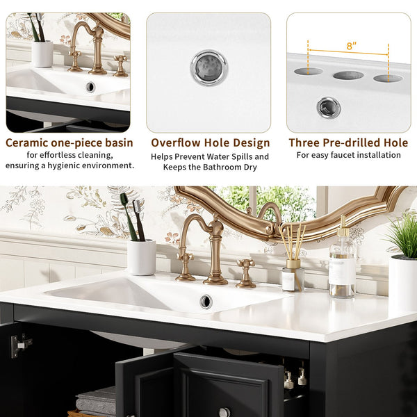 English Elm 36'' Transitional Bathroom Vanity with Ceramic Sink, Solid Wood Frame, Adjustable U-Shelf & Soft-Close Doors Black N729P292966B