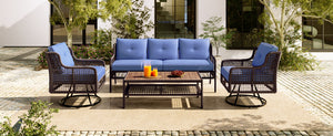 English Elm GO 4 Pieces Outdoor Acacia Wood Sofa Set with Removable Cushions, Woven Armrests & Coffee Table Blue N704G201247C