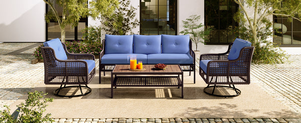 English Elm GO 4 Pieces Outdoor Acacia Wood Sofa Set with Removable Cushions, Woven Armrests & Coffee Table Blue N704G201247C