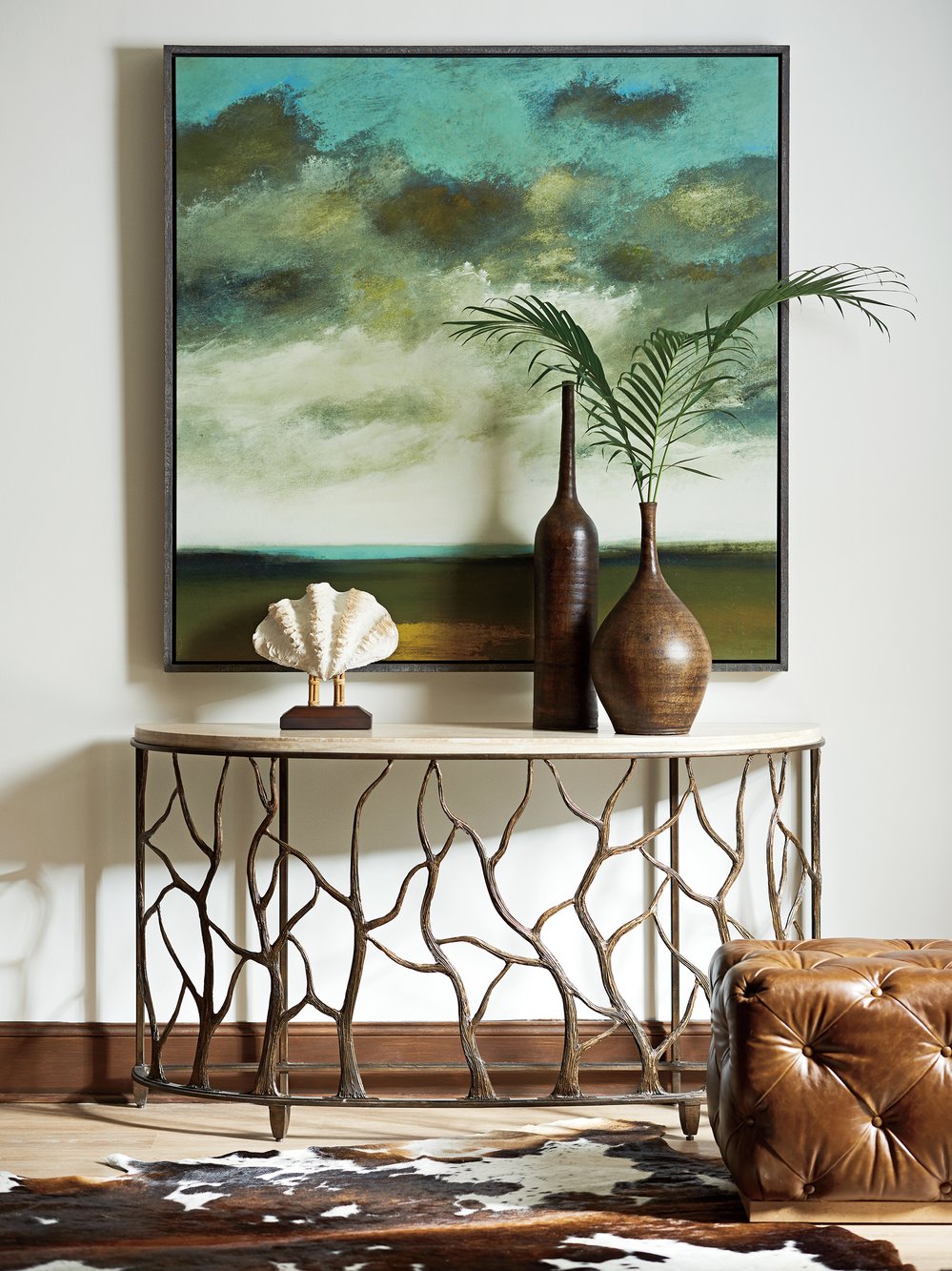 Lexington Tommy Bahama Home Bannister Global Transitional Console Table With Travertine Top & Unique Boab Tree Inspired Base Albury  542-967