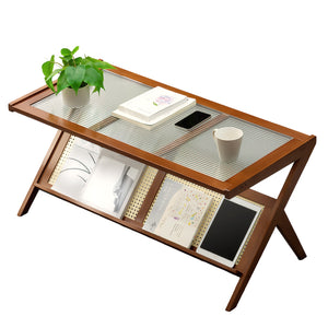 English Elm Rattan Mid Century Bamboo Coffee Table with Tempered Glass Top, Z-Frame Storage Shelf, Brown Finish W3101P314783