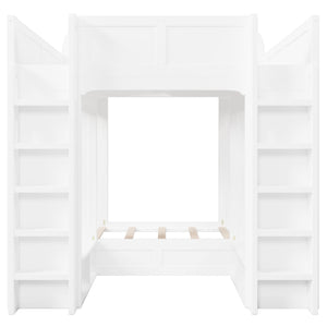 English Elm Triple Bunk Bed Wood Frame with Built in Shelves Hooks for Shared Kids Rooms White N7090004027K