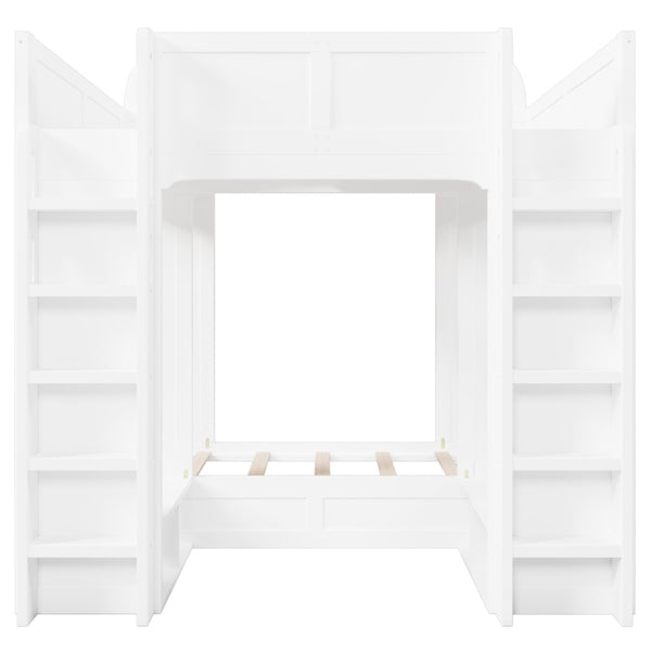 English Elm Triple Bunk Bed Wood Frame with Built in Shelves Hooks for Shared Kids Rooms White N7090004027K