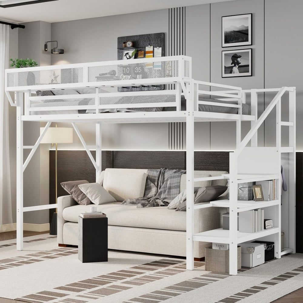 English Elm Twin Xl Loft Bed With Stairs, Storage Shelves & Wardrobe - Space-Saving Metal Bed For Kids & Teens W2580S00050-GIGA