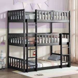 English Elm Twin Triple Rubberwood Bunk Bed with Ladders & Guardrails, Space-Saving Modular Design for Families Black W504S00173