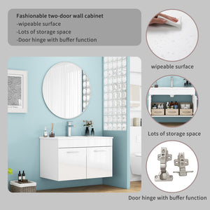 English Elm 32-Inch Wall-Mounted Bathroom Vanity With Ceramic Sink, Soft-Close Doors & Modern Glossy Finish W3151S00026