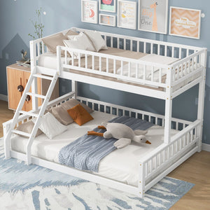 English Elm Twin Twin XL over Queen bunk bed with ladder and guardrails, sturdy pine MDF frame for small rooms White GX000464AAK