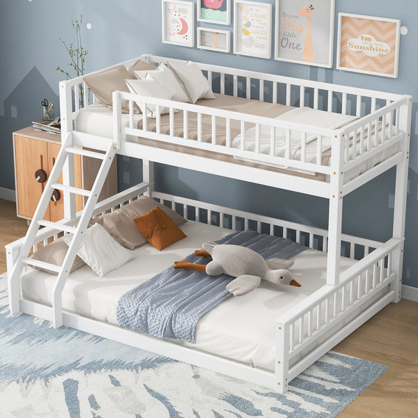 English Elm Twin Twin XL over Queen bunk bed with ladder and guardrails, sturdy pine MDF frame for small rooms White GX000464AAK