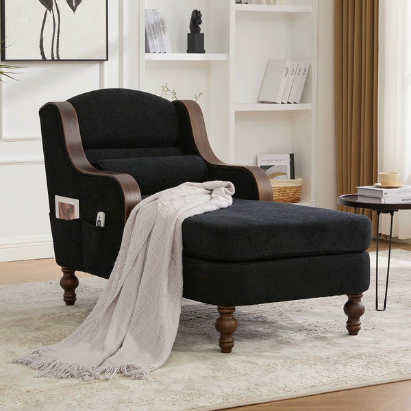 English Elm UNITED Oversized Chaise Lounge Sofa Bed with Solid Wood Arms, High-Resilience Foam, 800lb Capacity and Storage Pockets Black W1568S00208