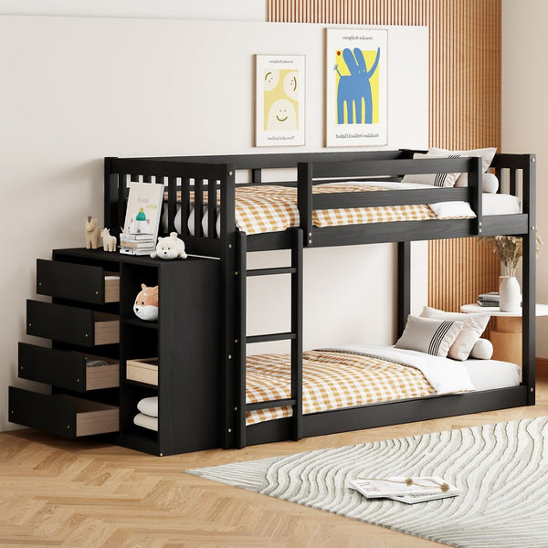 English Elm Twin Over Bunk Bed with Four Storage Drawers Open Shelving Kids Bedroom Espresso LT000167AAP-1