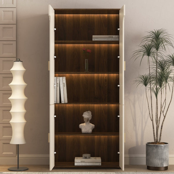 English Elm Display Cabinet with Led Lighting Glass Front Bookcase for Living Room or Office W1321S00054