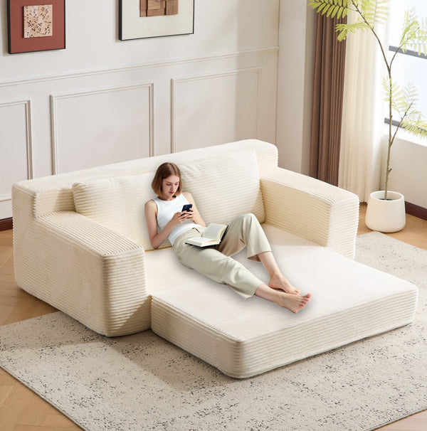 English Elm Loveseat Corduroy Bean Bag Sofa Bed with Memory Foam, Reversible Cushions, Plush Bolsters, No Assembly Required White W3723P346936