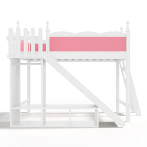 English Elm Twin Loft Bed Solid Pine Frame with Wardrobe Shelving Detachable Slide Kids Room Pink+White W5305S00016
