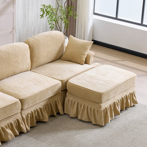 English Elm 103.15'' Chenille L-shaped Sectional Sofa with Detachable Pleated Skirt and Ottoman Khaki W3612S00045