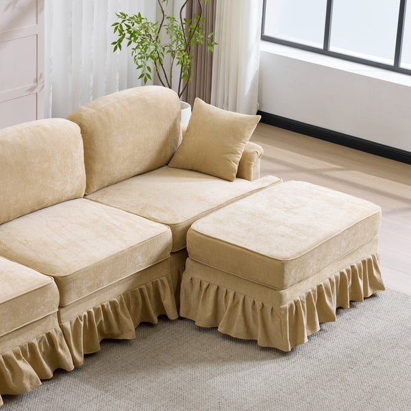 English Elm 103.15'' Chenille L-shaped Sectional Sofa with Detachable Pleated Skirt and Ottoman Khaki W3612S00045
