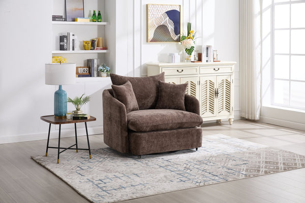 English Elm 360° 360 Swivel Oversized Chenille Armchair with Pocket Spring Seat and Three Throw Pillows Brown W1361S00073