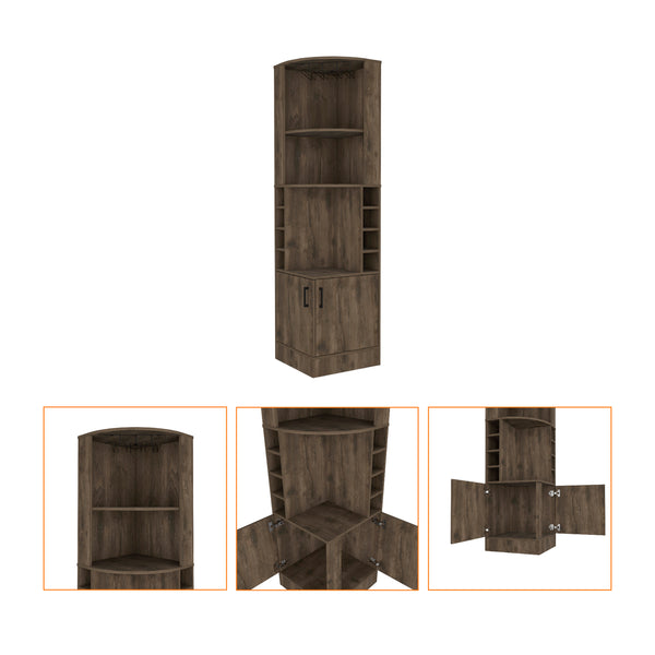 English Elm Seattle Corner Bar Cabinet with 8 Bottle Cubbies, Glass Racks & 2 Open Display Shelves — Modern Elegance B128P176131