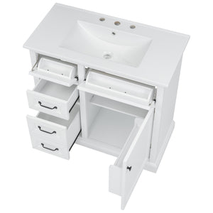 English Elm 36-Inch Modern Bathroom Vanity with Ceramic Basin, 4 Drawers & Soft-Close Door, Pre-Drilled Faucet Ready, Durable MDF and Solid Wood Construction (36"L x 18.3"W x 33.4"H) White N725P296118K