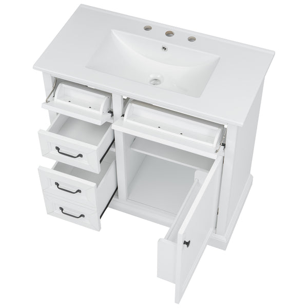 English Elm 36-Inch Modern Bathroom Vanity with Ceramic Basin, 4 Drawers & Soft-Close Door, Pre-Drilled Faucet Ready, Durable MDF and Solid Wood Construction (36"L x 18.3"W x 33.4"H) White N725P296118K