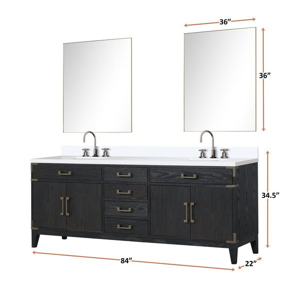 English Elm Black Oak Double Bath Vanity With White Quartz Top, Chrome Faucet Set & 36” Mirrors For Luxury Style B2731S02194