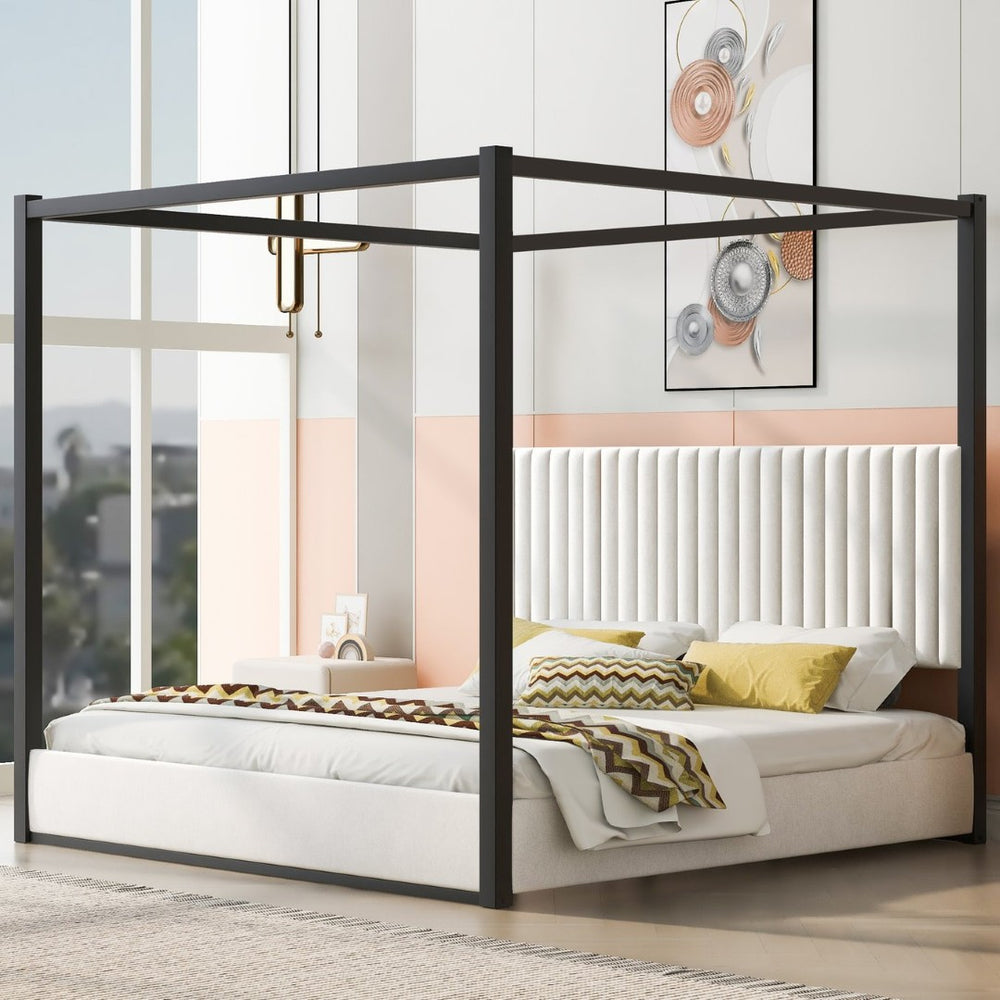 English Elm King Velvet Upholstered Four Poster Canopy Bed White Modern Bedroom Frame N7090002405B