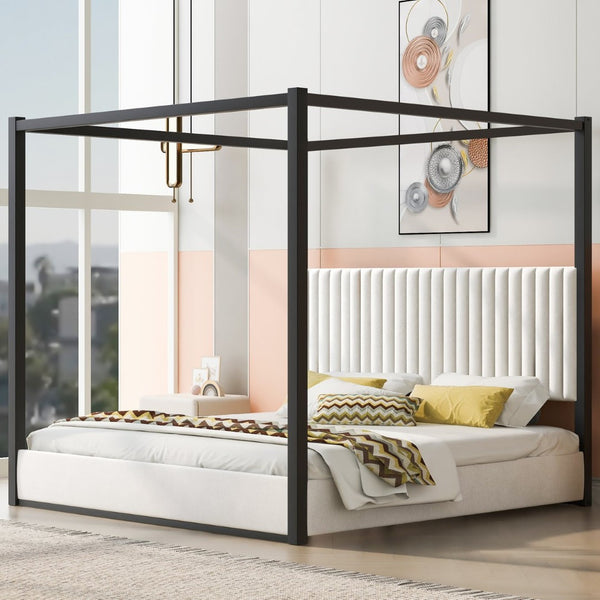 English Elm King Velvet Upholstered Four Poster Canopy Bed White Modern Bedroom Frame N7090002405B