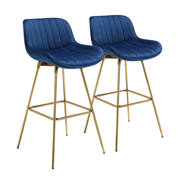 Homeroots Set Of Two 29" Blue And Gold Velvet And Metal Low Back Bar Height Swivel Bar Chairs   543453