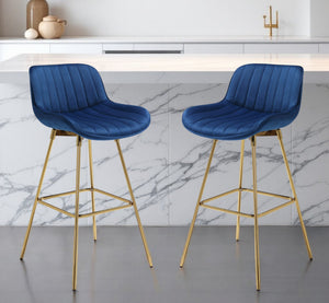 Homeroots Set Of Two 29" Blue And Gold Velvet And Metal Low Back Bar Height Swivel Bar Chairs   543453