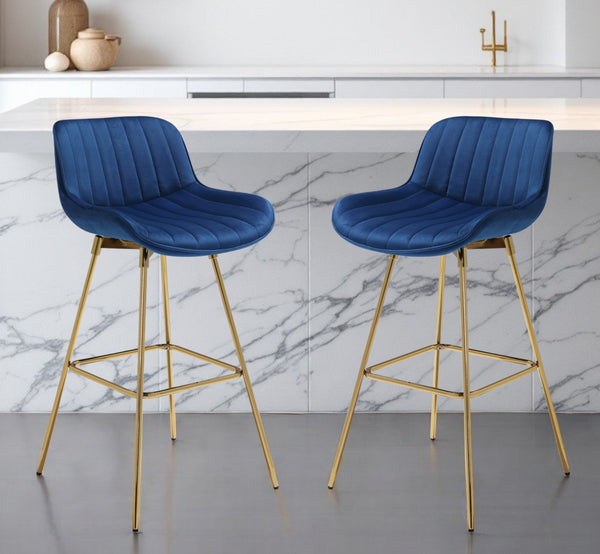 Homeroots Set Of Two 29" Blue And Gold Velvet And Metal Low Back Bar Height Swivel Bar Chairs   543453