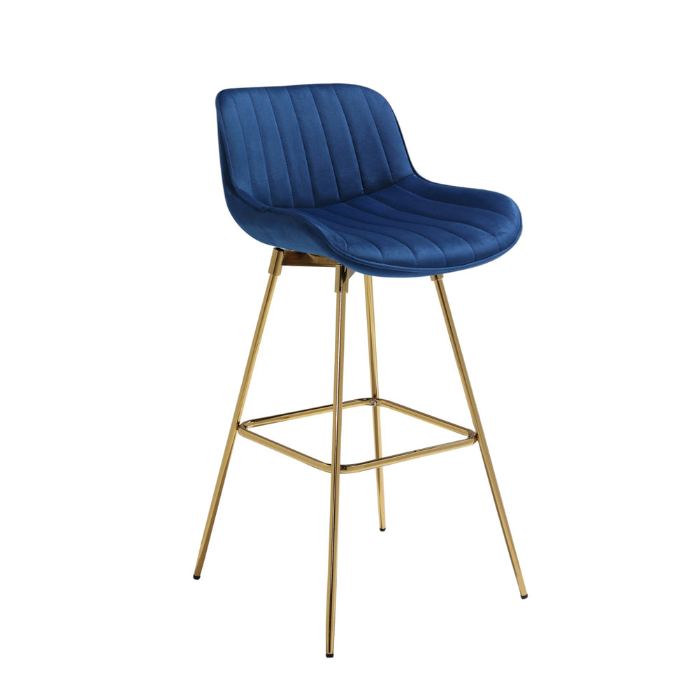 Homeroots Set Of Two 29" Blue And Gold Velvet And Metal Low Back Bar Height Swivel Bar Chairs   543453