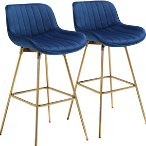 Homeroots Set Of Two 29" Blue And Gold Velvet And Metal Low Back Bar Height Swivel Bar Chairs   543453