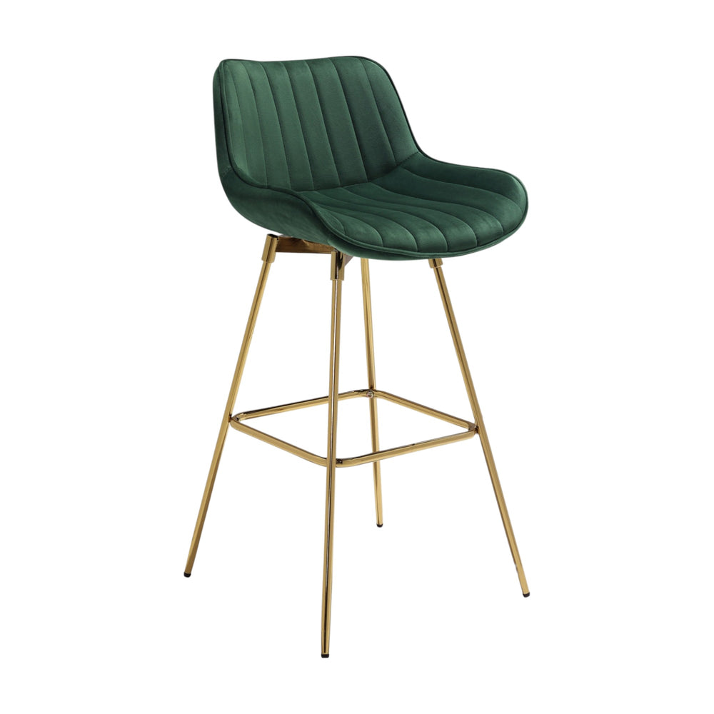 Homeroots Set Of Two 29" Green And Gold Velvet And Metal Low Back Bar Height Swivel Bar Chairs   543455