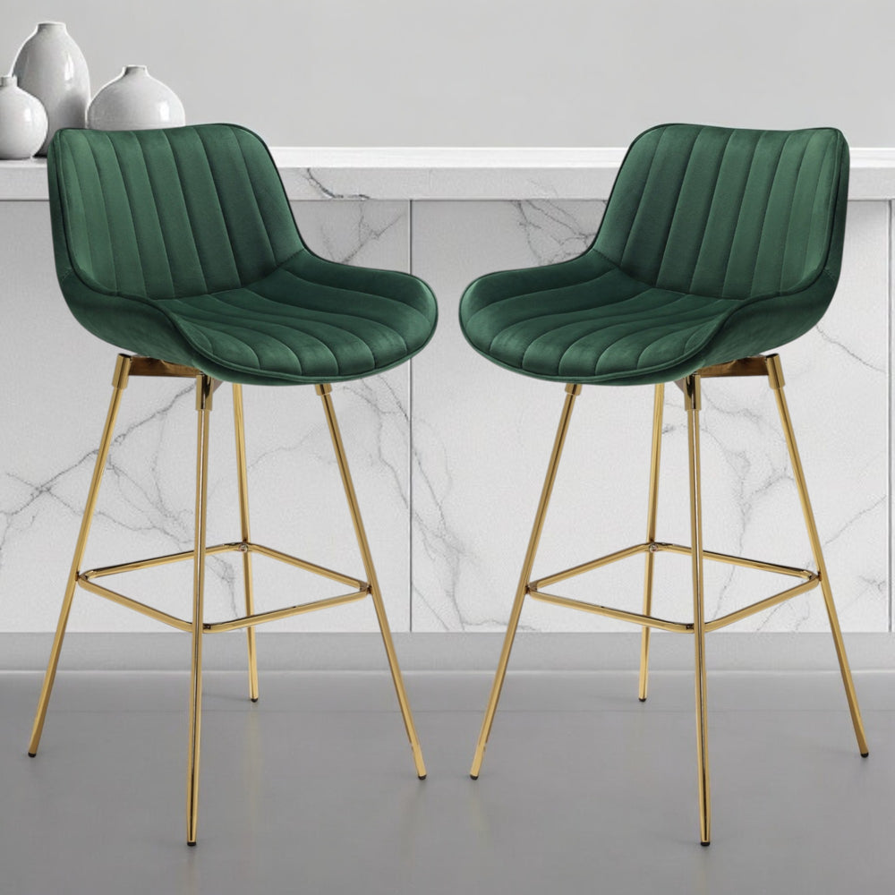 Homeroots Set Of Two 29" Green And Gold Velvet And Metal Low Back Bar Height Swivel Bar Chairs   543455